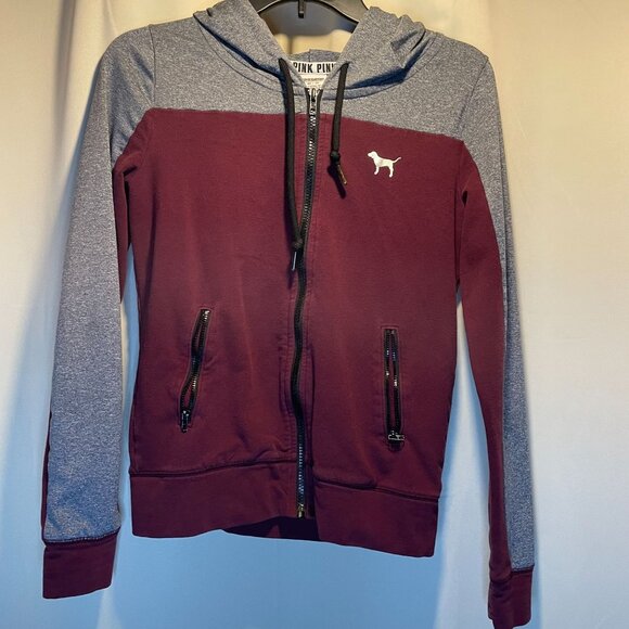 Victorias Secret PINK Womens Hoodie XS Maroon/Gray Colorblock Back Logo Cotton - Picture 5 of 6